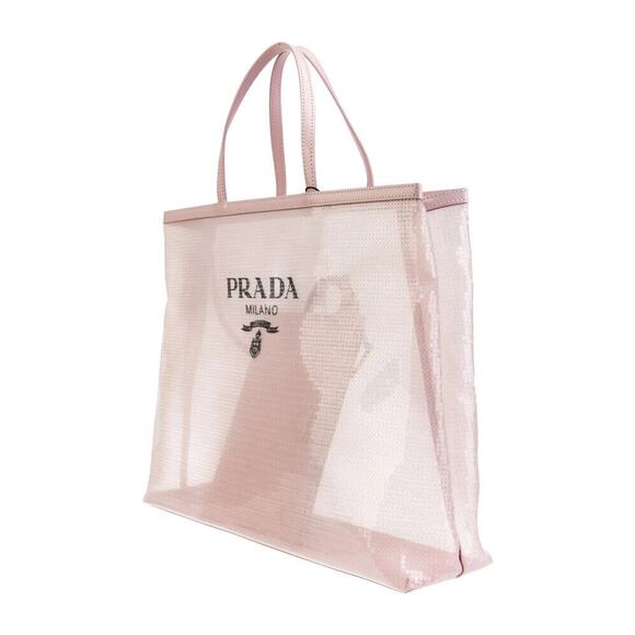 Prada Rete Paillettes Mesh Sequin Logo Large Shopping Tote Hand Bag & Pouch Pink - Picture 2 of 10